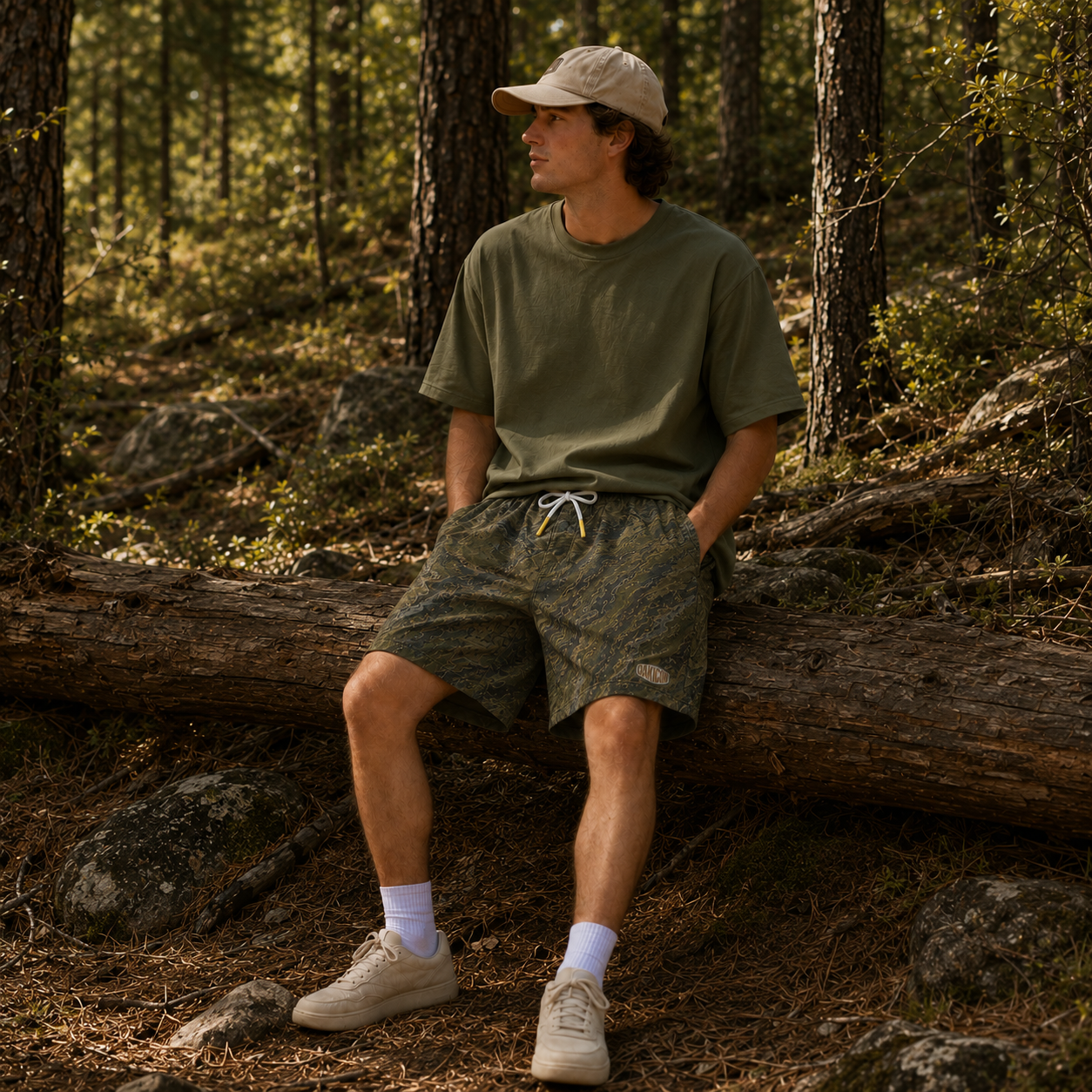 Oakicon Dark Forest Personalized Name Camo Swim Trunks, Oakicon Camo Swim Trunks
