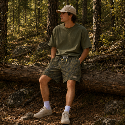 Oakicon Dark Forest Personalized Name Camo Swim Trunks, Oakicon Camo Swim Trunks