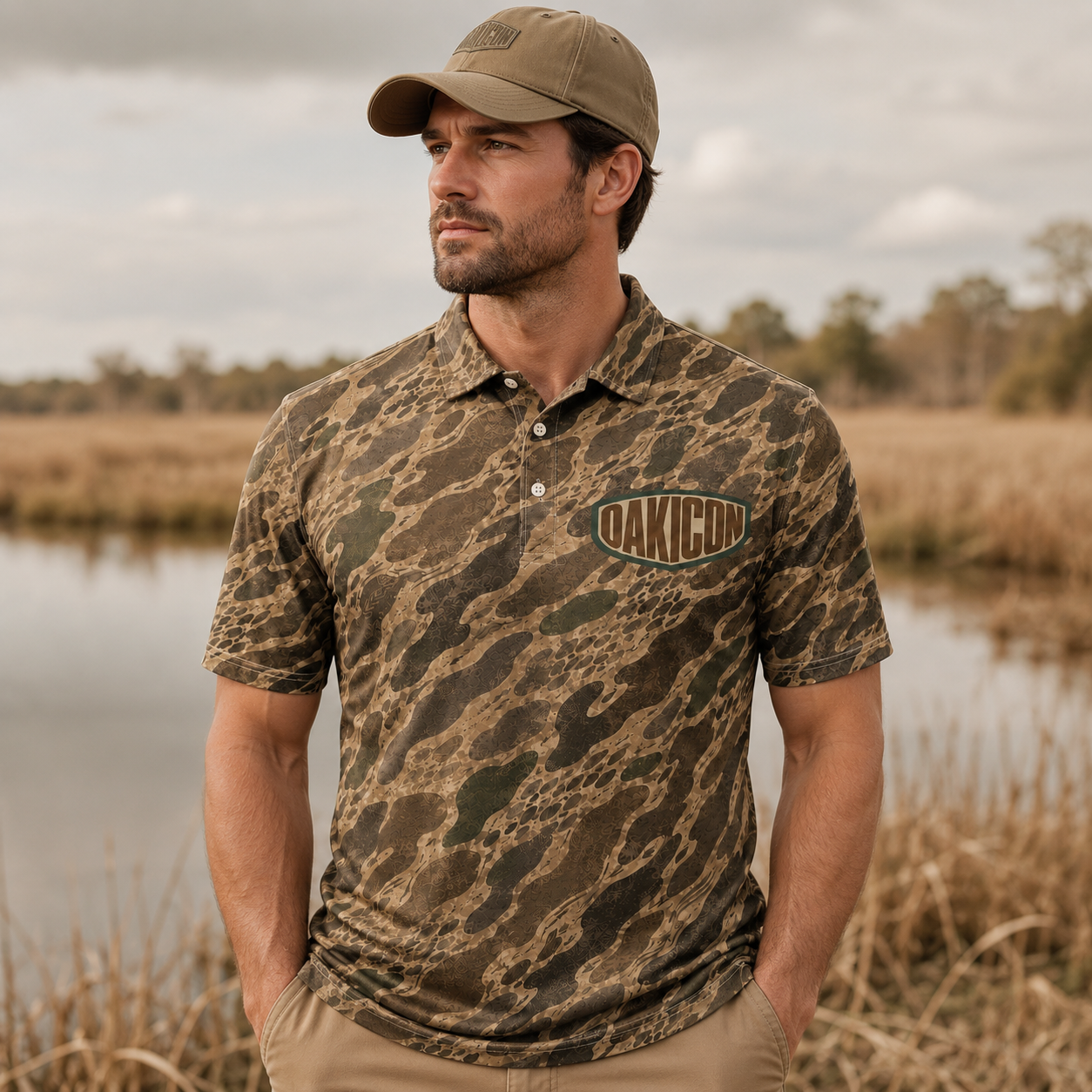 Oakicon Khaki Woodland Personalized Name Camo Polo Shirt, Oakicon Camo Polo Shirt