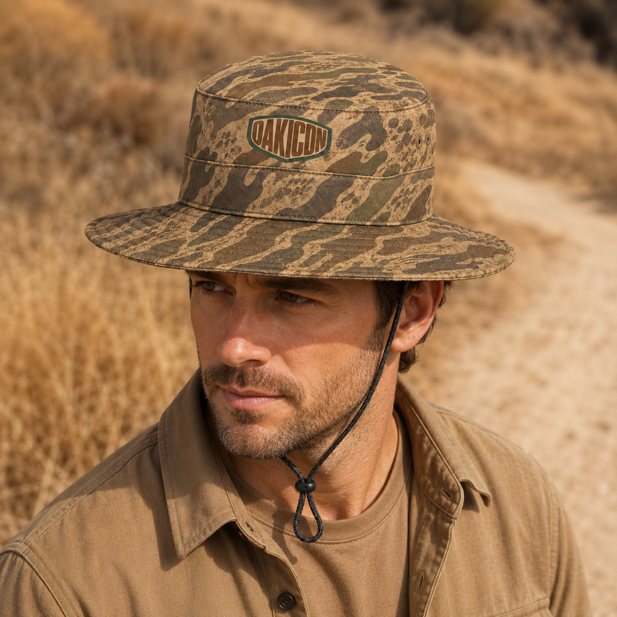 Oakicon Khaki Woodland Personalized Name Camo Bucket Hat, Oakicon Camo Bucket Hat
