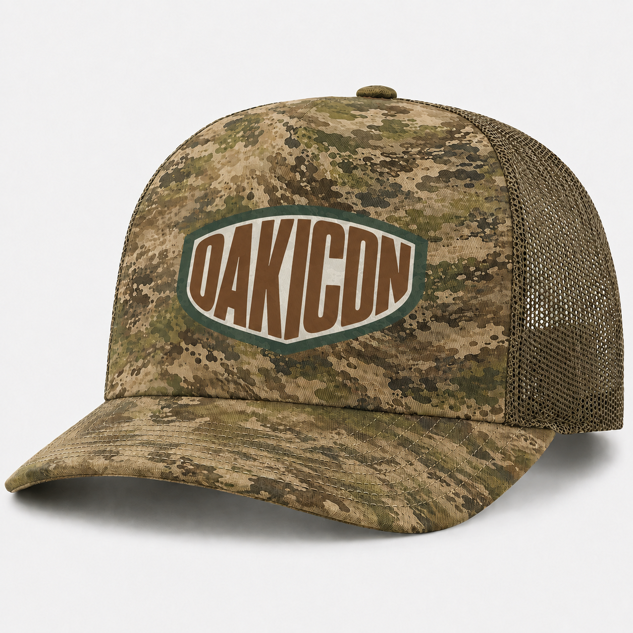 Oakicon Light Olive Brush Personalized Name Camo Trucker Hat, Oakicon Camo Trucker Hat