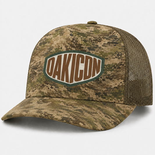 Oakicon Light Olive Brush Personalized Name Camo Trucker Hat, Oakicon Camo Trucker Hat