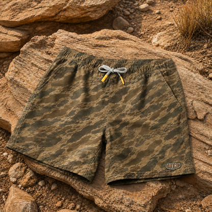 Oakicon Khaki Woodland Personalized Name Camo Swim Trunks, Oakicon Camo Swim Trunks