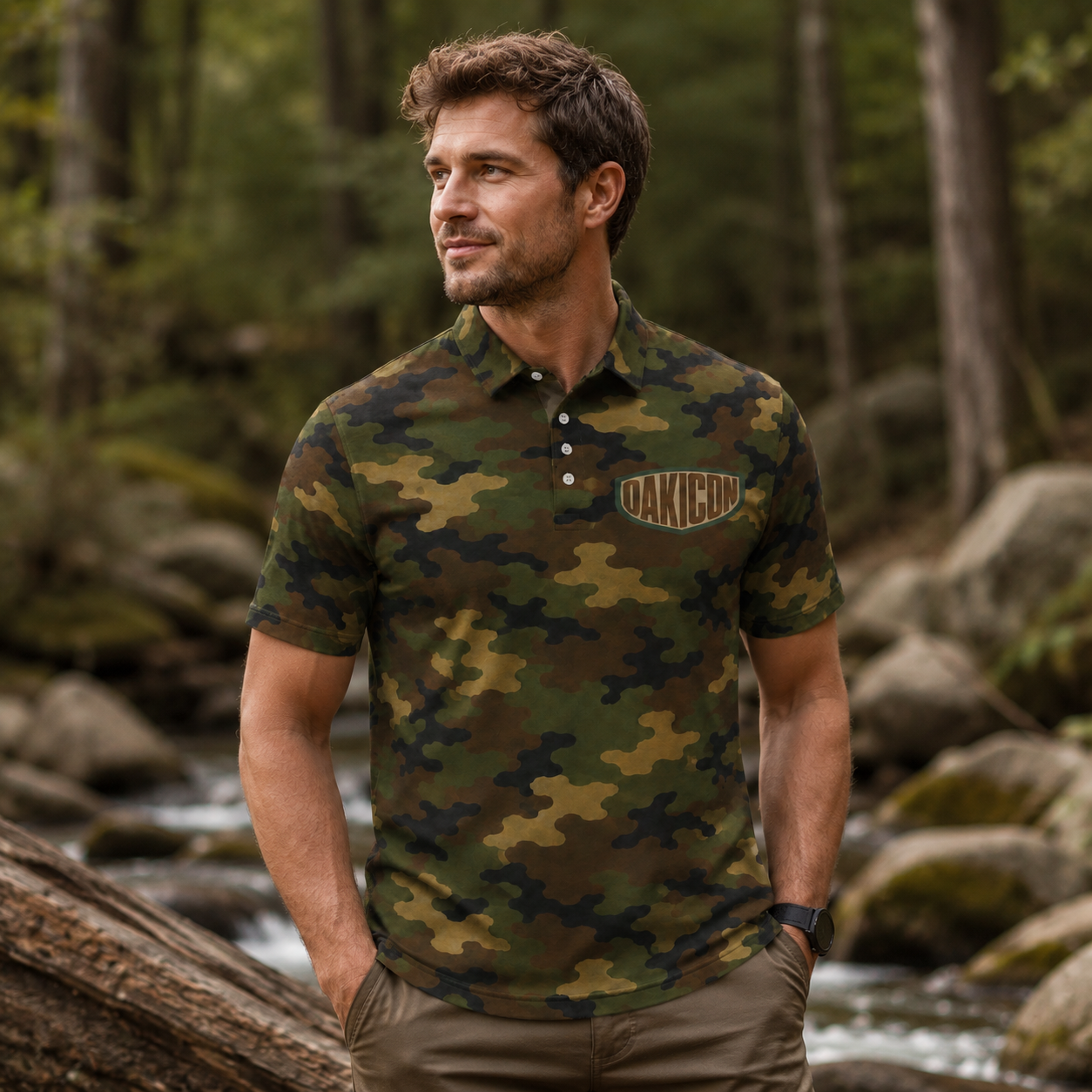 Oakicon Classic Woodland Personalized Name Camo Polo Shirt, Oakicon Camo Polo Shirt