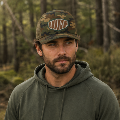 Oakicon Classic Woodland Personalized Name Camo Trucker Hat, Oakicon Camo Trucker Hat