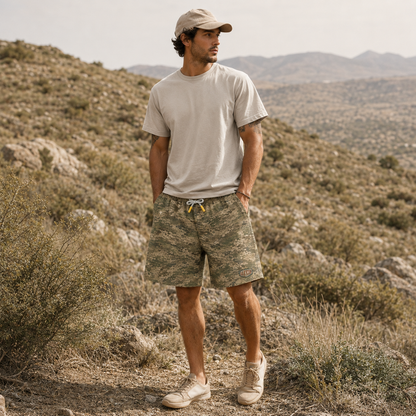 Oakicon Light Olive Brush Personalized Name Camo Swim Trunks, Oakicon Camo Swim Trunks