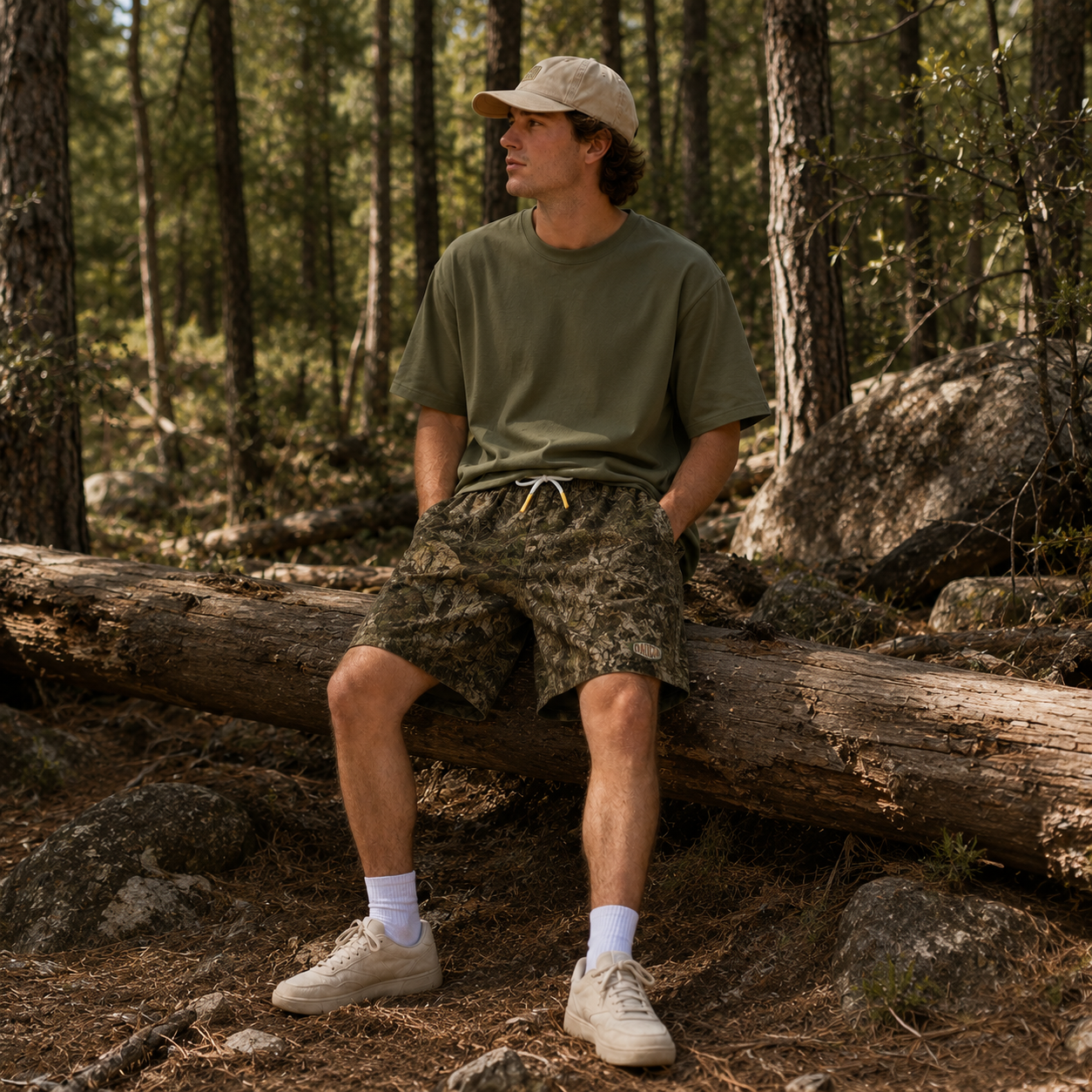 Oakicon Realistic Forest Personalized Name Camo Swim Trunks, Oakicon Camo Swim Trunks