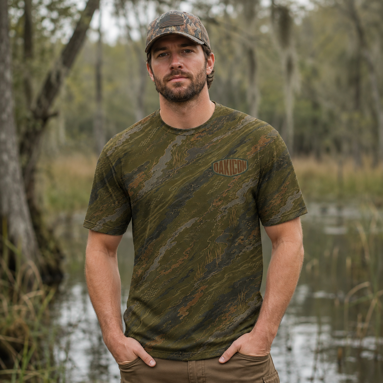 Oakicon Dark Olive Brush Personalized Name Camo T-Shirt, Oakicon Camo T-Shirt