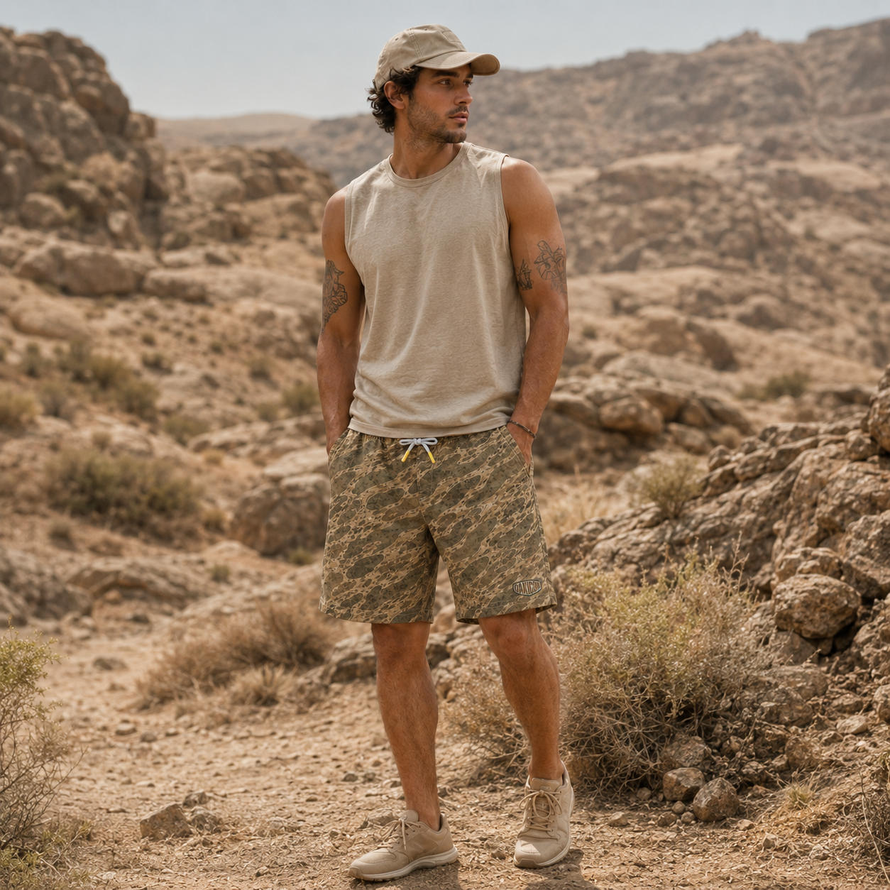Oakicon Khaki Woodland Personalized Name Camo Swim Trunks, Oakicon Camo Swim Trunks