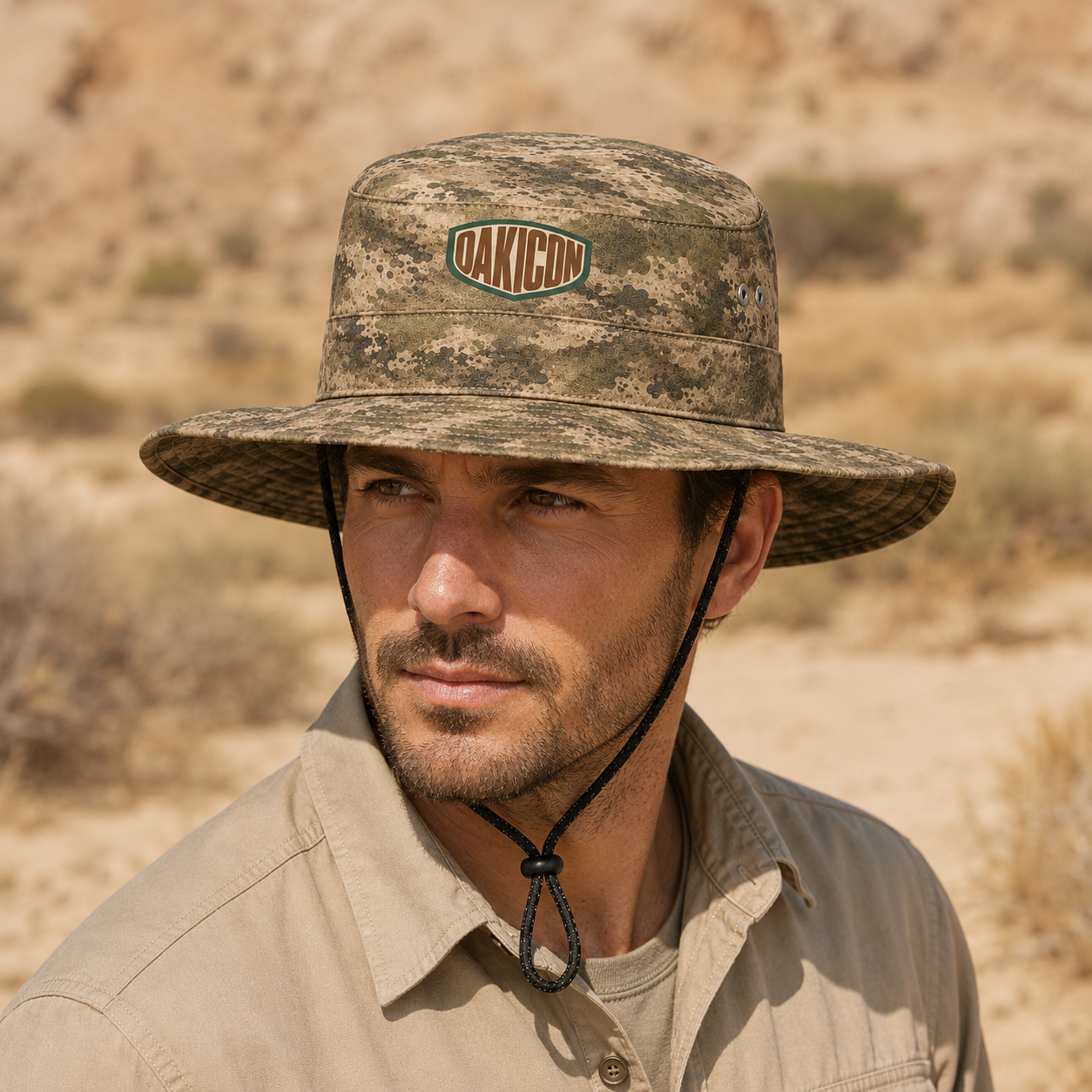 Oakicon Light Olive Brush Personalized Name Camo Bucket Hat, Oakicon Camo Bucket Hat