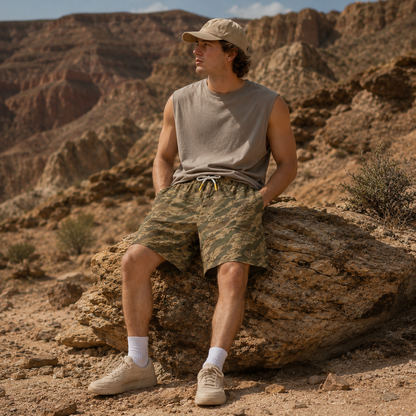 Oakicon Khaki Woodland Personalized Name Camo Swim Trunks, Oakicon Camo Swim Trunks