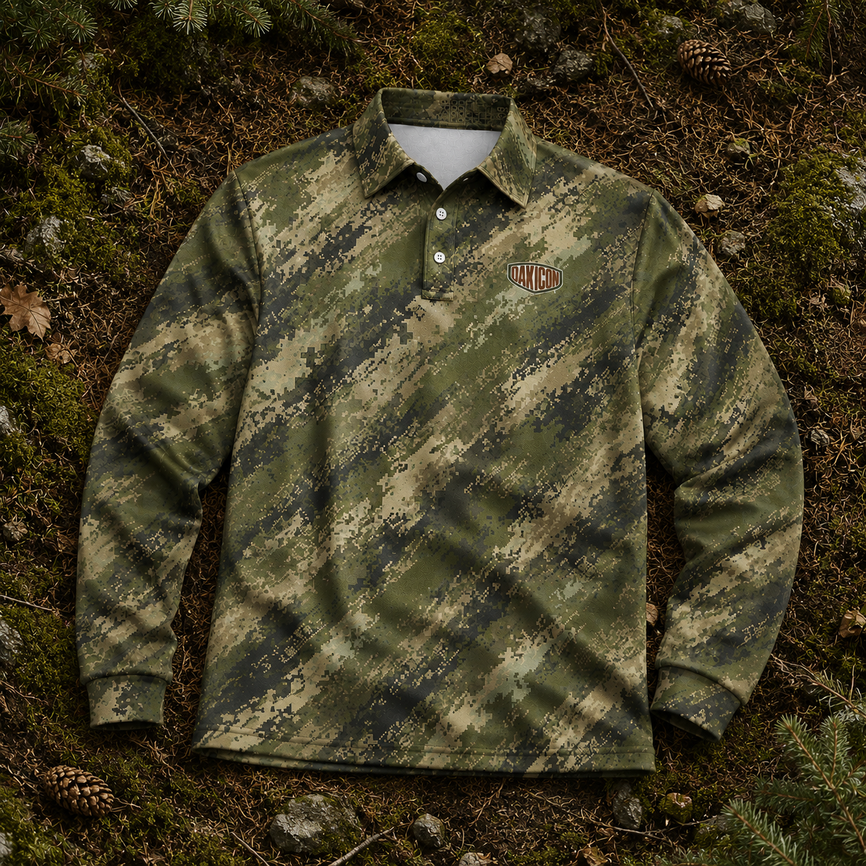 Oakicon  Digital Woodland Personalized Name Camo Polo Long-sleeve, Oakicon Camo Polo Long-sleeve
