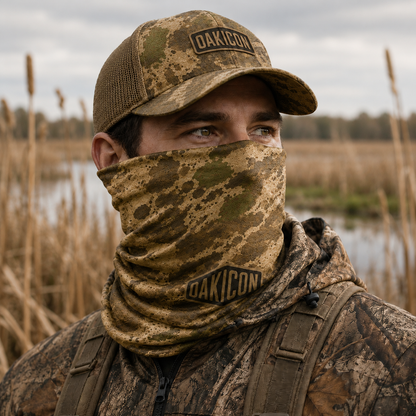 Oakicon Khaki Woodland Personalized Name Camo Neck Gaiter, Oakicon Camo Neck Gaiter