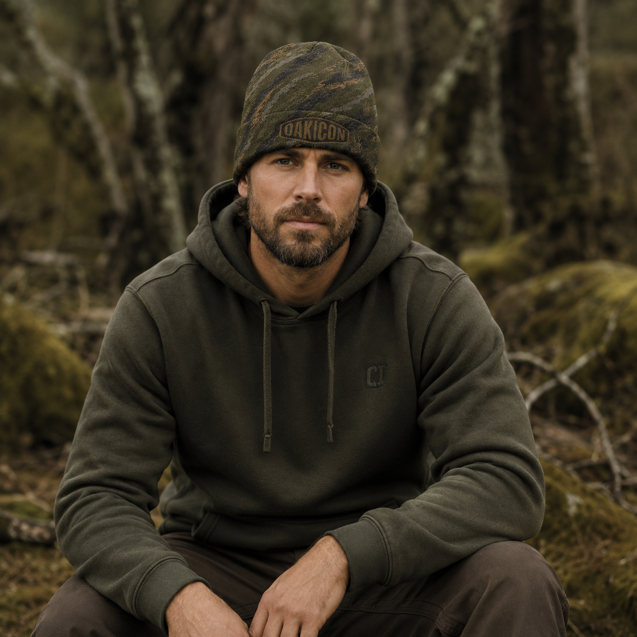Oakicon Dark Olive Brush Personalized Name Camo Cuffed Beanie, Oakicon Camo Cuffed Beanie