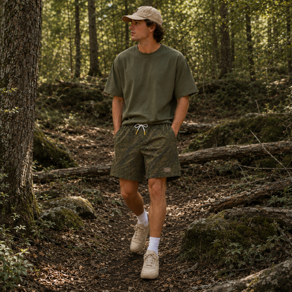 Oakicon Dark Olive Brush Personalized Name Camo Swim Trunks, Oakicon Camo Swim Trunks