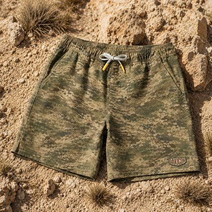 Oakicon Light Olive Brush Personalized Name Camo Swim Trunks, Oakicon Camo Swim Trunks