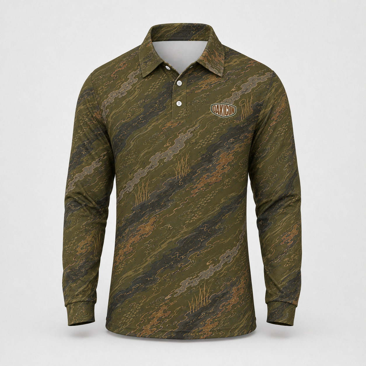 Oakicon Dark Olive Brush Personalized Name Camo Polo Long-sleeve, Oakicon Camo Polo Long-sleeve