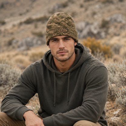 Oakicon Khaki Woodland Personalized Name Camo Cuffed Beanie, Oakicon Camo Cuffed Beanie