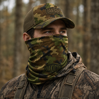 Oakicon Classic Woodland Personalized Name Camo Neck Gaiter, Oakicon Camo Neck Gaiter