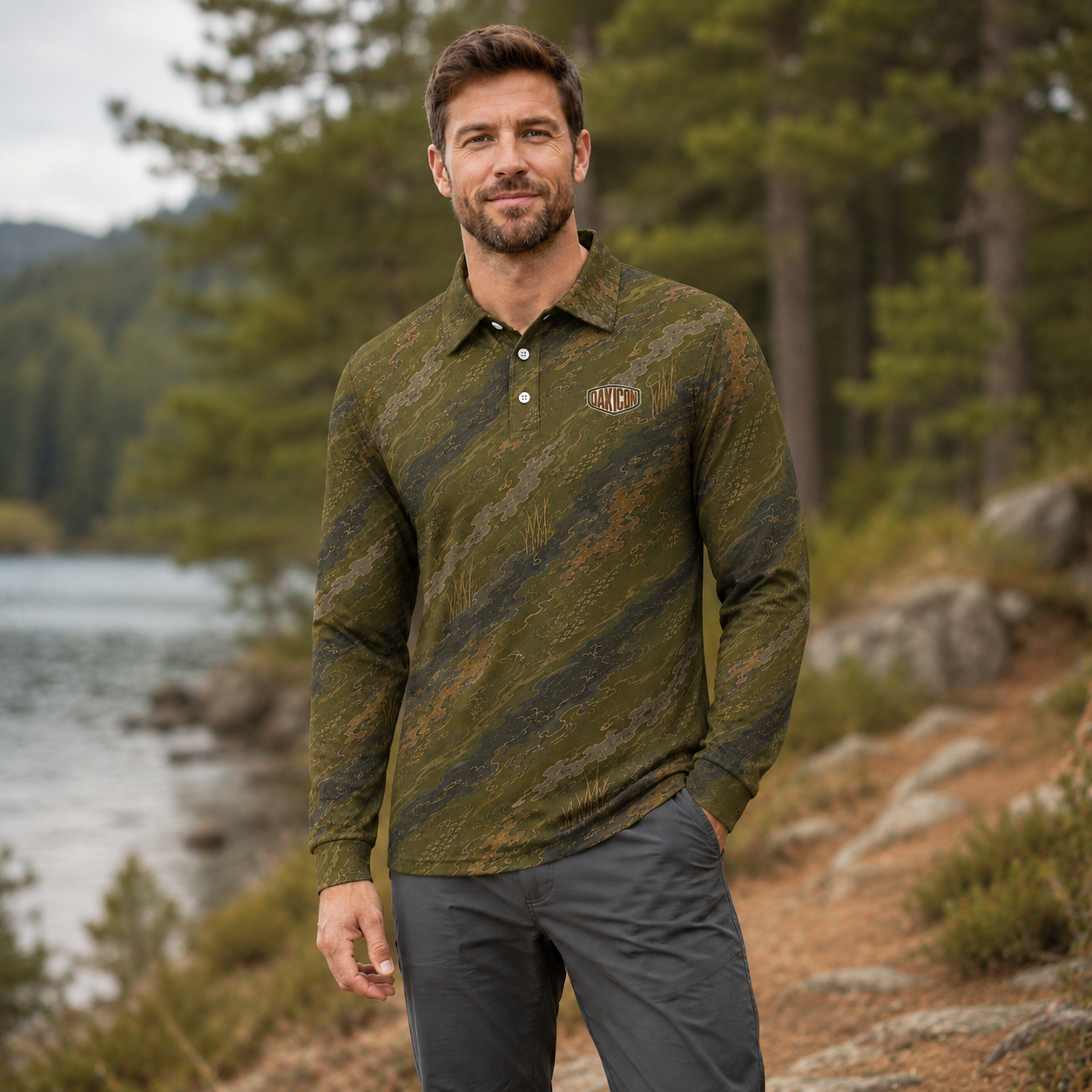 Oakicon Dark Olive Brush Personalized Name Camo Polo Long-sleeve, Oakicon Camo Polo Long-sleeve