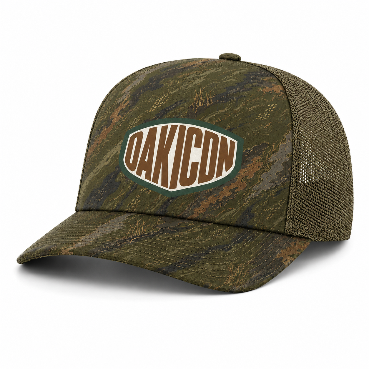 Oakicon Dark Olive Brush Personalized Name Camo Trucker Hat, Oakicon Camo Trucker Hat