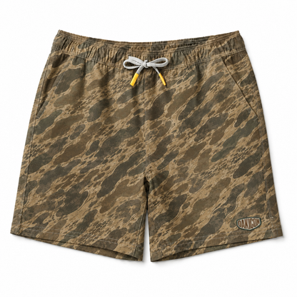 Oakicon Khaki Woodland Personalized Name Camo Swim Trunks, Oakicon Camo Swim Trunks