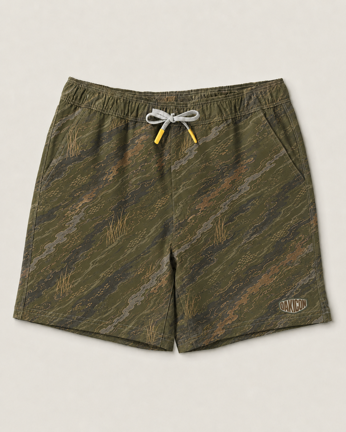 Oakicon Dark Olive Brush Personalized Name Camo Swim Trunks, Oakicon Camo Swim Trunks