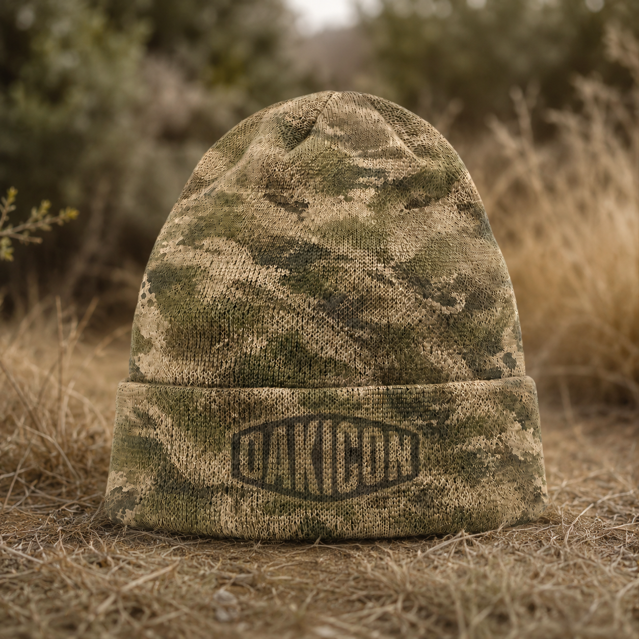 Oakicon Light Olive Brush Personalized Name Camo Cuffed Beanie, Oakicon Camo Cuffed Beanie