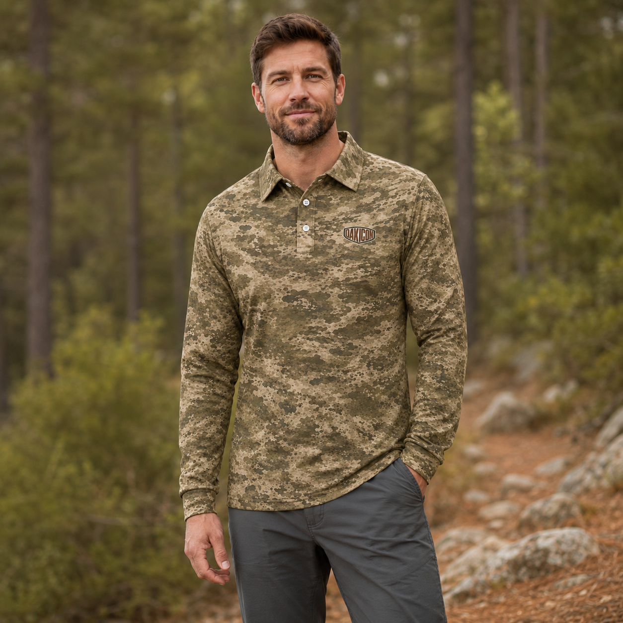 Oakicon Light Olive Brush Personalized Name Camo Polo Long-sleeve, Oakicon Camo Polo Long-sleeve