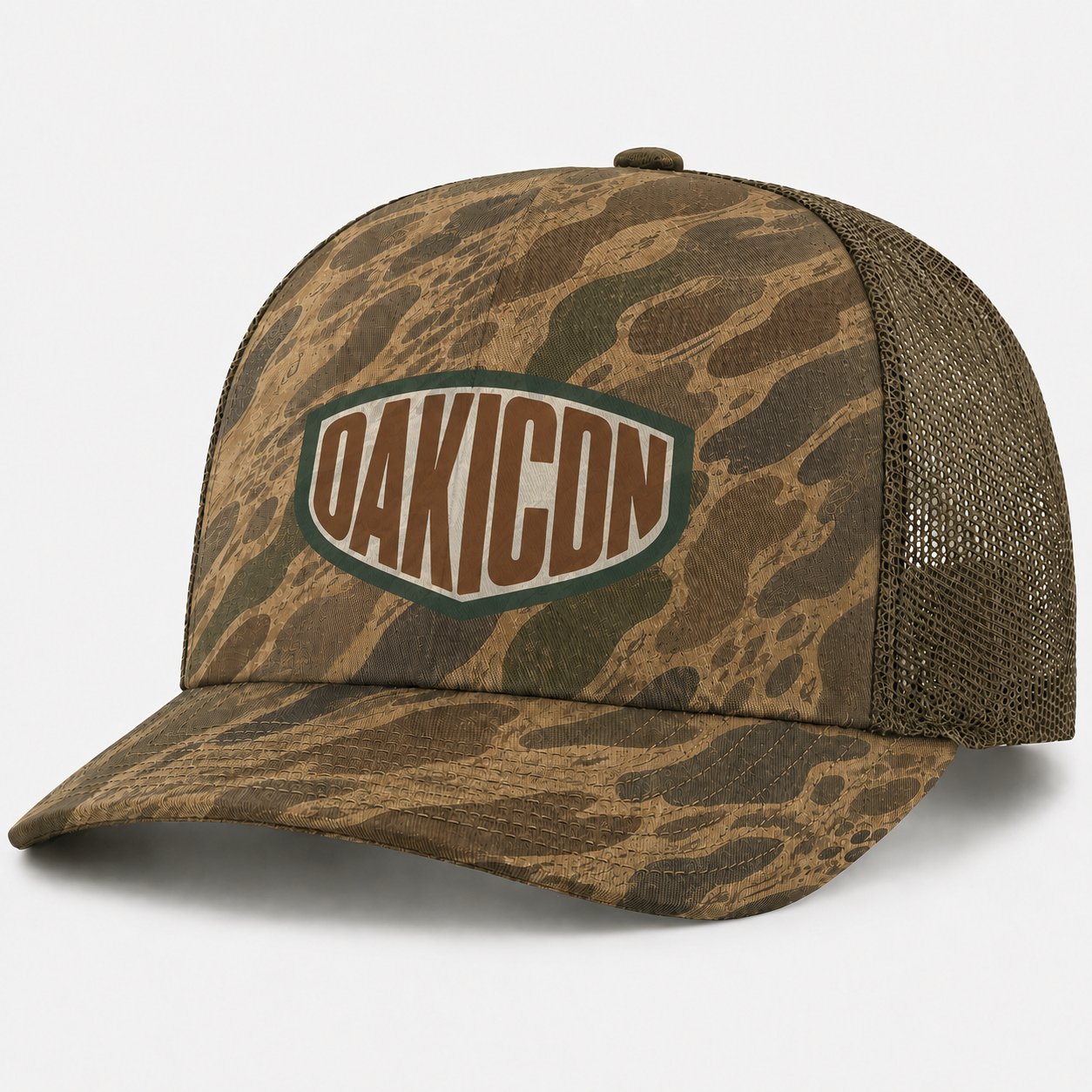 Oakicon Khaki Woodland Personalized Name Camo Trucker Hat, Oakicon Camo Trucker Hat