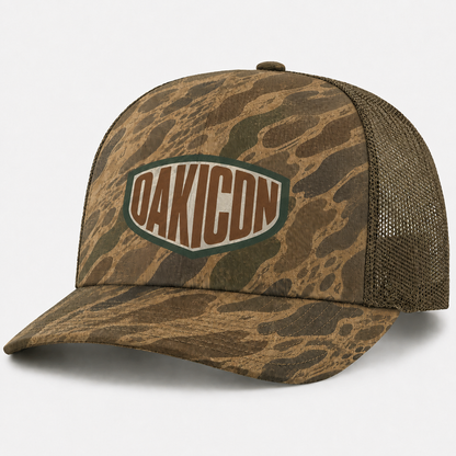 Oakicon Khaki Woodland Personalized Name Camo Trucker Hat, Oakicon Camo Trucker Hat