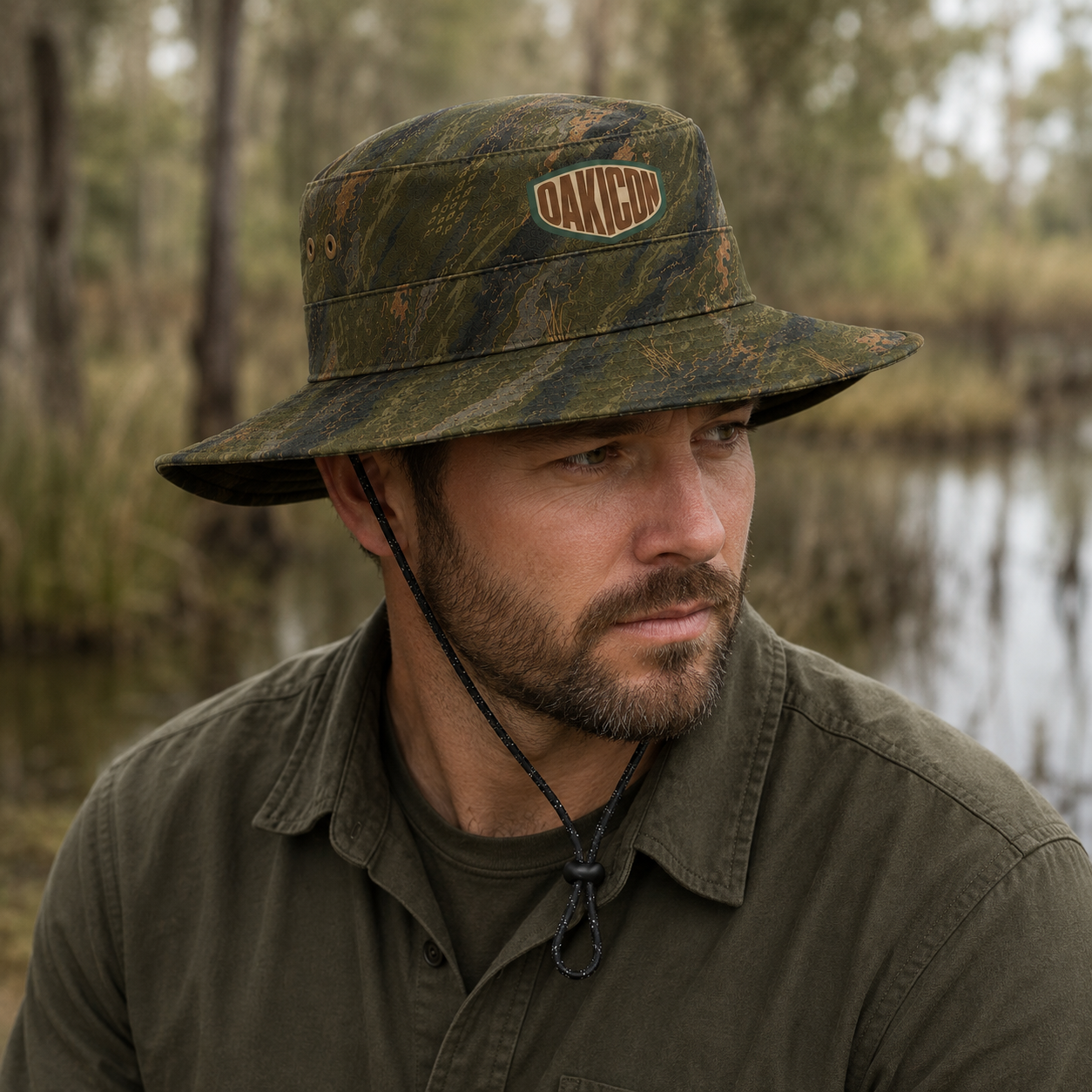 Oakicon Dark Olive Brush Personalized Name Camo Bucket Hat, Oakicon Camo Bucket Hat