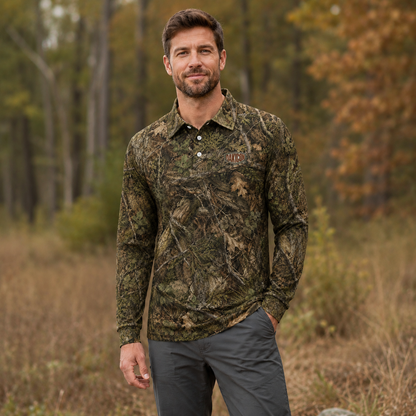 Oakicon Realistic Forest Personalized Name Camo Polo Long-sleeve, Oakicon Camo Polo Long-sleeve