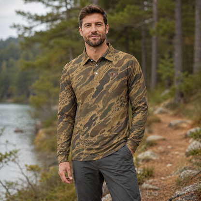 Oakicon Khaki Woodland Personalized Name Camo Polo Long-sleeve, Oakicon Camo Polo Long-sleeve