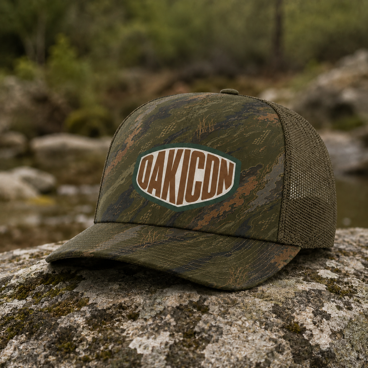 Oakicon Dark Olive Brush Personalized Name Camo Trucker Hat, Oakicon Camo Trucker Hat