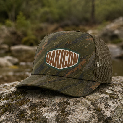 Oakicon Dark Olive Brush Personalized Name Camo Trucker Hat, Oakicon Camo Trucker Hat