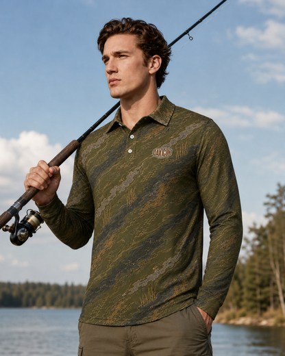 Oakicon Dark Olive Brush Personalized Name Camo Polo Long-sleeve, Oakicon Camo Polo Long-sleeve