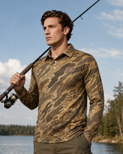 Oakicon Khaki Woodland Personalized Name Camo Polo Long-sleeve, Oakicon Camo Polo Long-sleeve