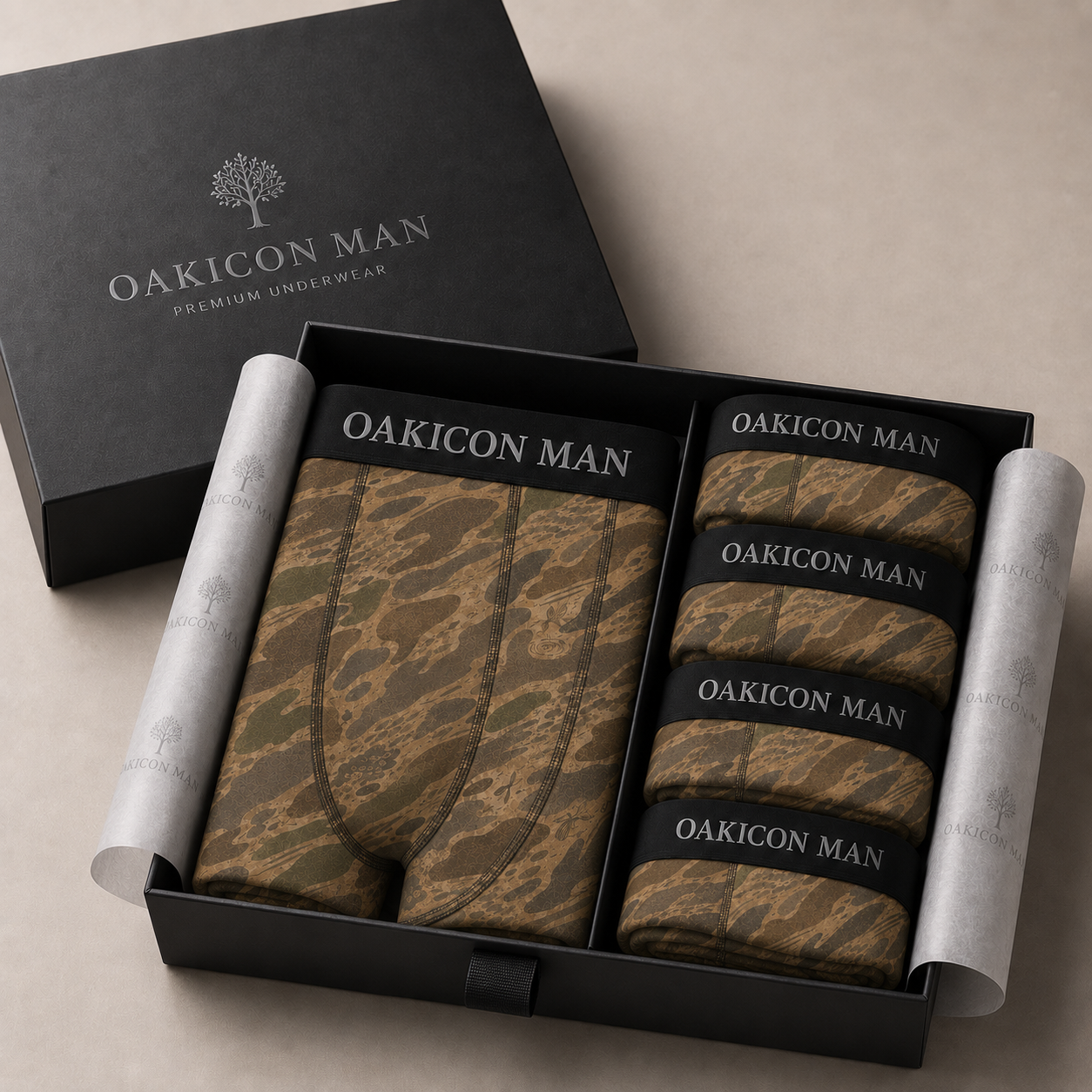 Oakicon Khaki Woodland Personalized Name Camo Boxer Briefs, Oakicon Camo Boxer Briefs