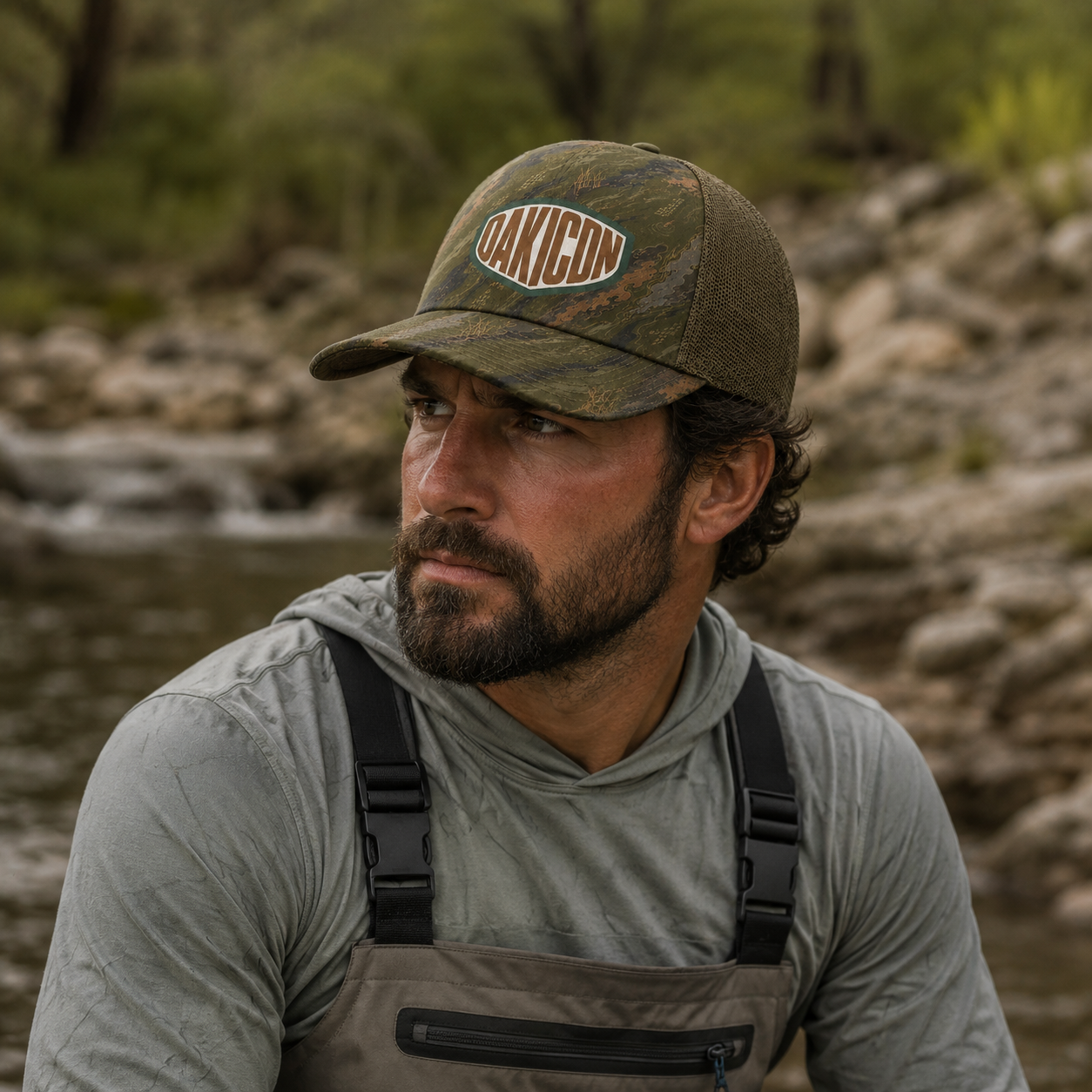 Oakicon Dark Olive Brush Personalized Name Camo Trucker Hat, Oakicon Camo Trucker Hat
