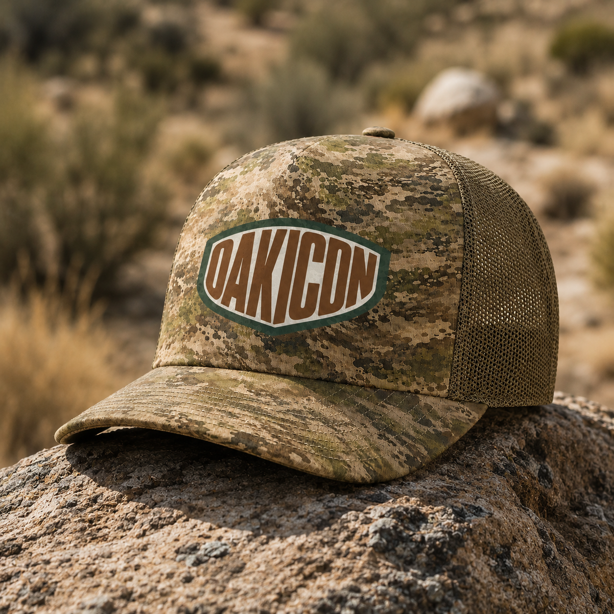 Oakicon Light Olive Brush Personalized Name Camo Trucker Hat, Oakicon Camo Trucker Hat