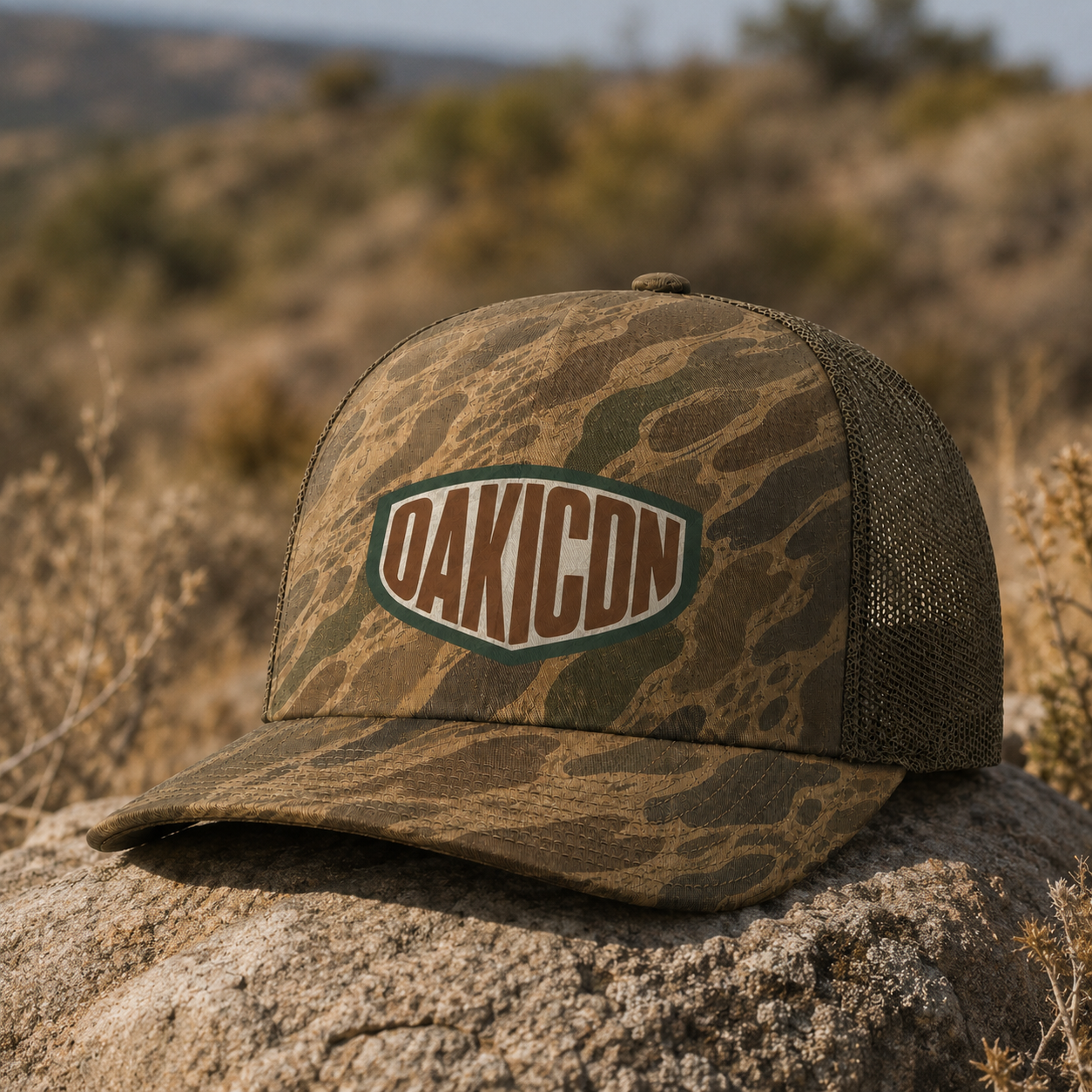 Oakicon Khaki Woodland Personalized Name Camo Trucker Hat, Oakicon Camo Trucker Hat