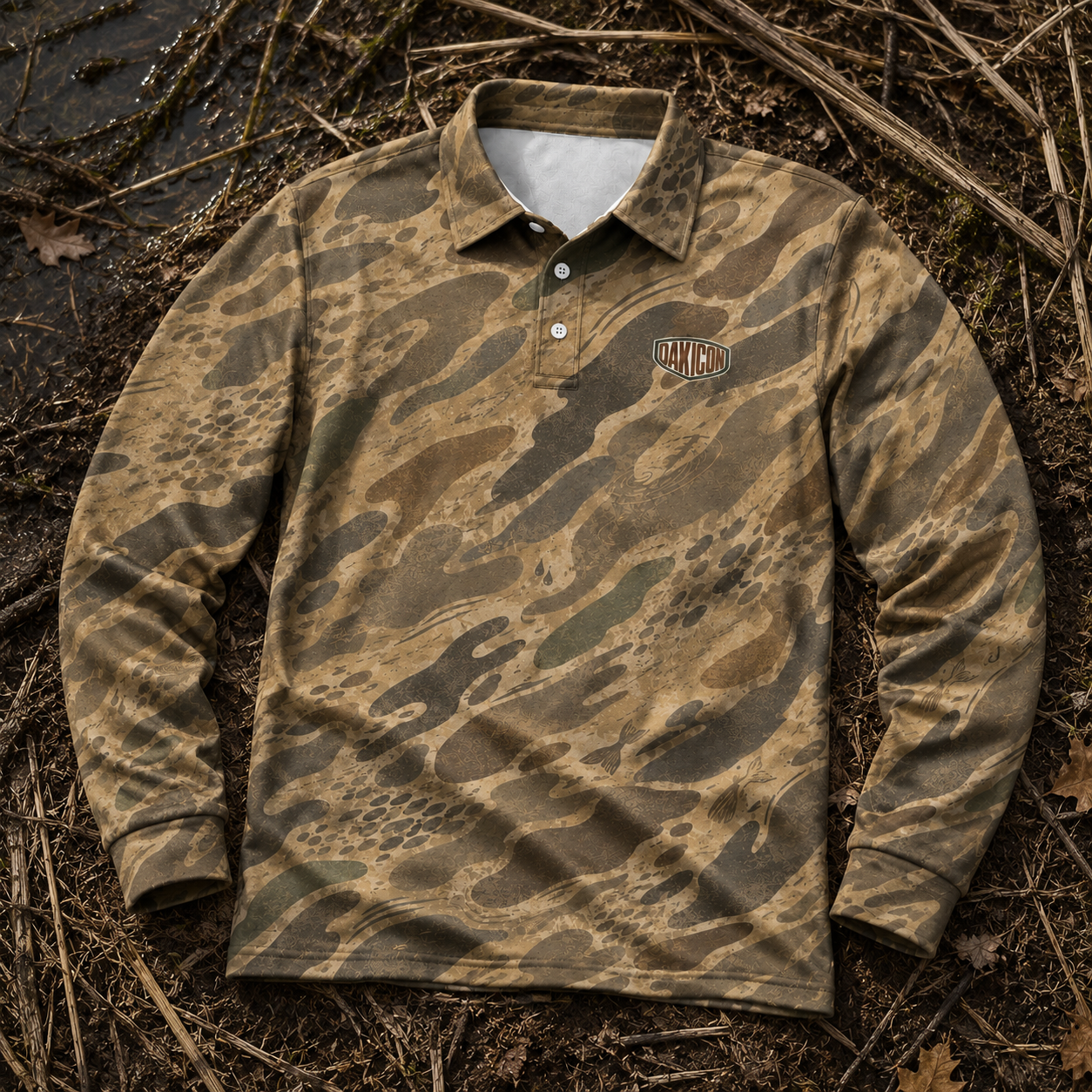Oakicon Khaki Woodland Personalized Name Camo Polo Long-sleeve, Oakicon Camo Polo Long-sleeve