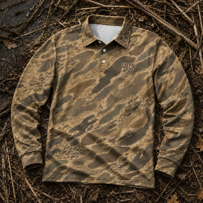 Oakicon Khaki Woodland Personalized Name Camo Polo Long-sleeve, Oakicon Camo Polo Long-sleeve