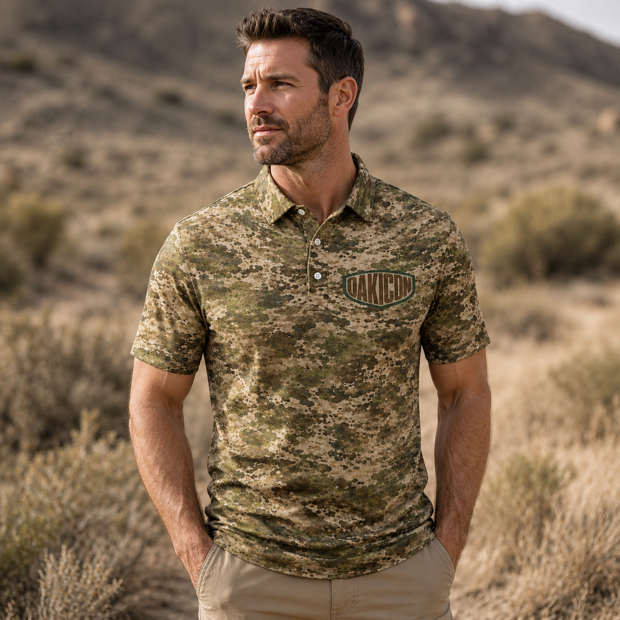 Oakicon Light Olive Brush Personalized Name Camo Polo Shirt, Oakicon Camo Polo Shirt