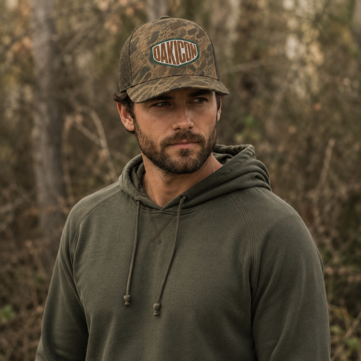 Oakicon Khaki Woodland Personalized Name Camo Trucker Hat, Oakicon Camo Trucker Hat
