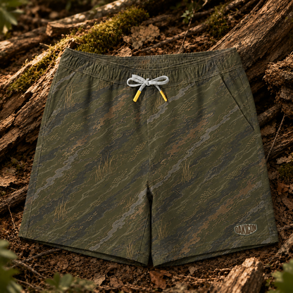 Oakicon Dark Olive Brush Personalized Name Camo Swim Trunks, Oakicon Camo Swim Trunks