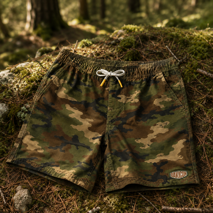 Oakicon Classic Woodland Personalized Name Camo Swim Trunks, Oakicon Camo Swim Trunks