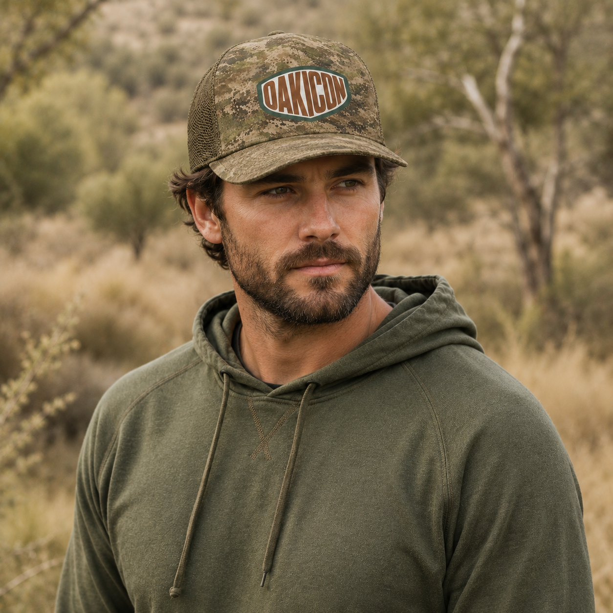 Oakicon Light Olive Brush Personalized Name Camo Trucker Hat, Oakicon Camo Trucker Hat